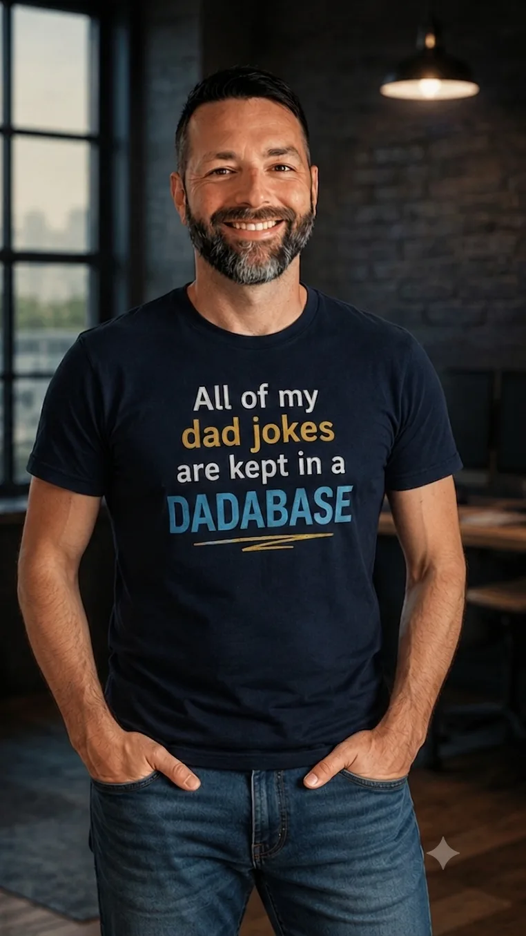 Trevor Cassell smiling in a navy t-shirt that reads “All of my dad jokes are kept in a dadabase.”