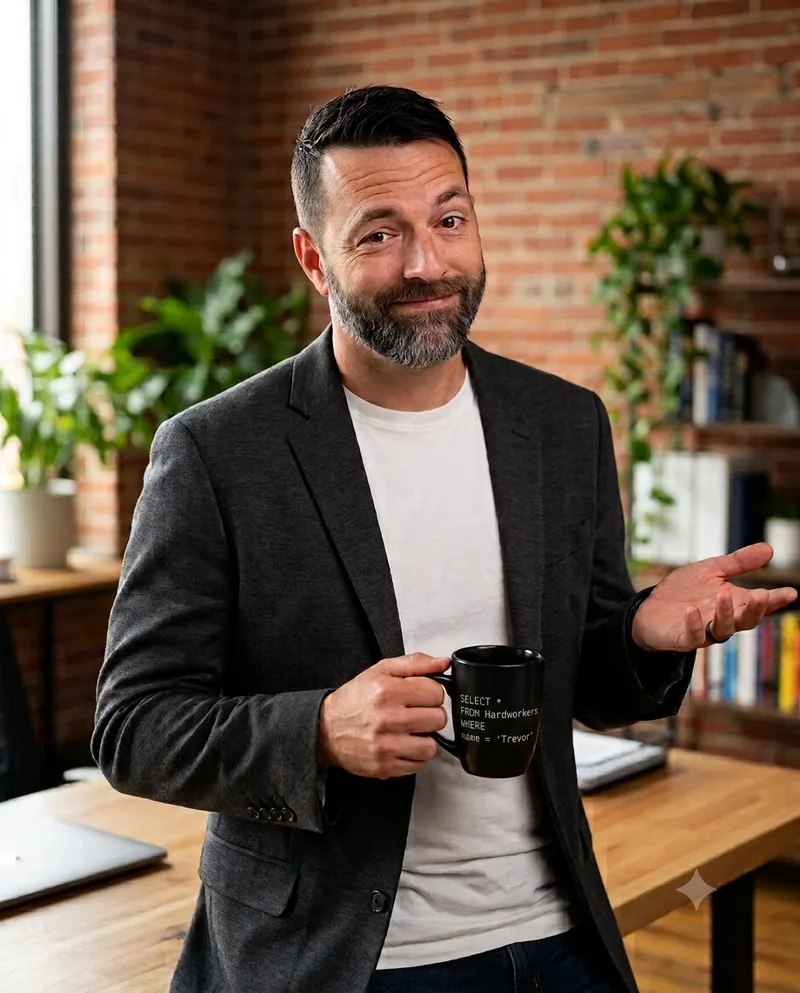 Trevor Cassell in a blazer, shrugging with a coffee mug printed with the SQL query “SELECT * FROM Hardworkers WHERE name = 'Trevor'.”